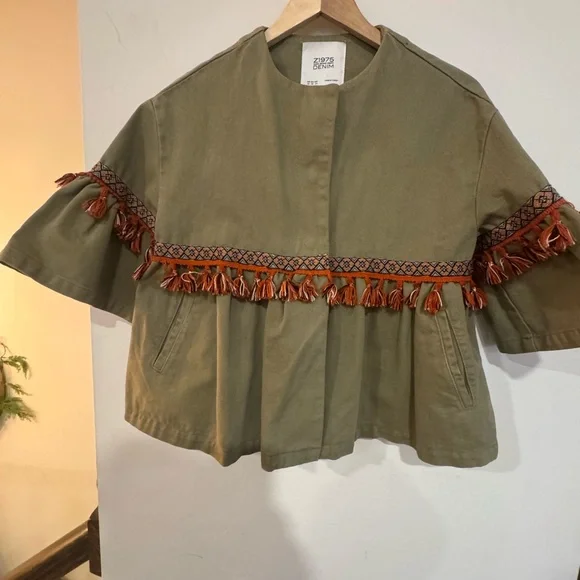 ZARA BASIC DEPT DENIM EUC Z1975 OLIVE GREEN TASSELS JACKET SIZE XS - Picture 9 of 9